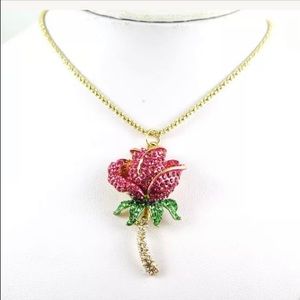 Gold plated pink crystal rose sweater necklace